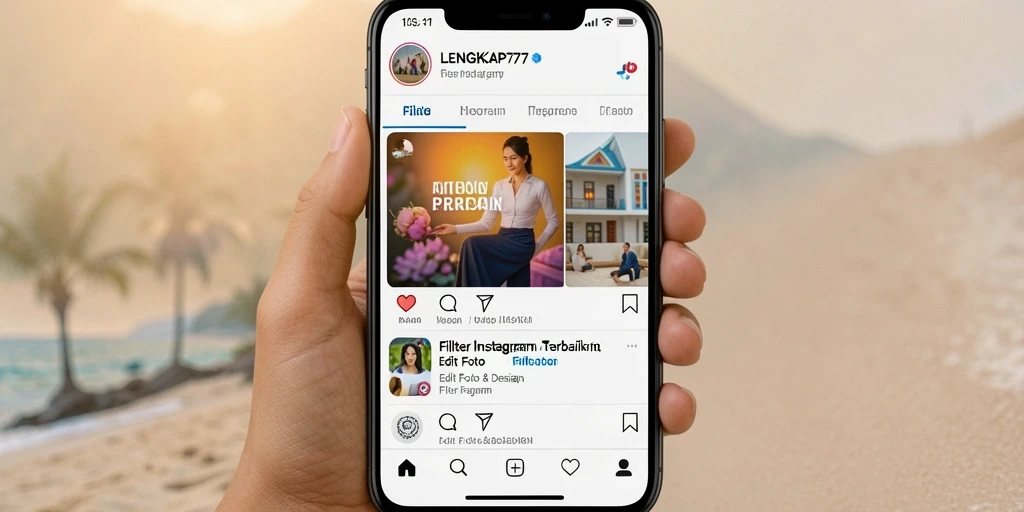 Screenshot aplikasi LENGKAP777 menampilkan antarmuka edit foto dengan filter Instagram.